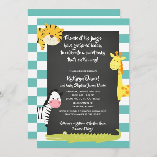 ジャングルボーイ動物の黒板ベビーシャワー 招待状 (正面/裏面)