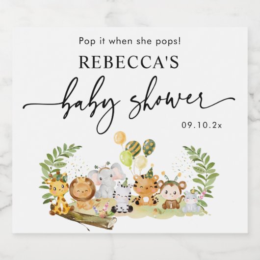 ジャングルポップ・アートののサファリ彼女が赤ちゃんシャワーをポップする スパークリングワインラベル (シングルラベル)