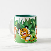 ジャングルマグの可愛い漫画のトラ踊り ツートーンマグカップ (正面左)