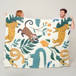 ジャングルモダンのカラフル野生動物lブルー フリースブランケット