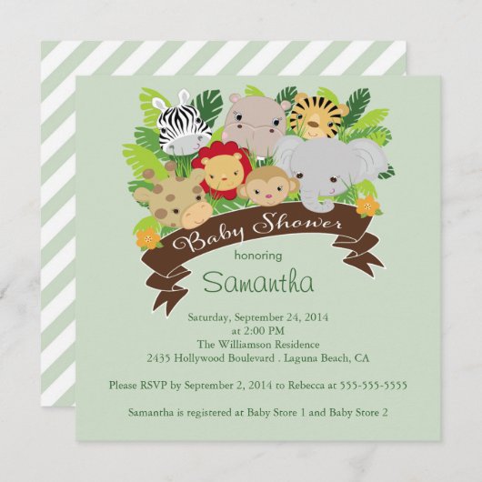 ジャングルモダンサファリの動物たちがベビーシャワー 招待状 (正面/裏面)