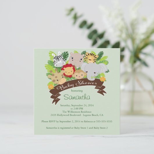 ジャングルモダンサファリの動物たちがベビーシャワー 招待状 (スタンド正面)
