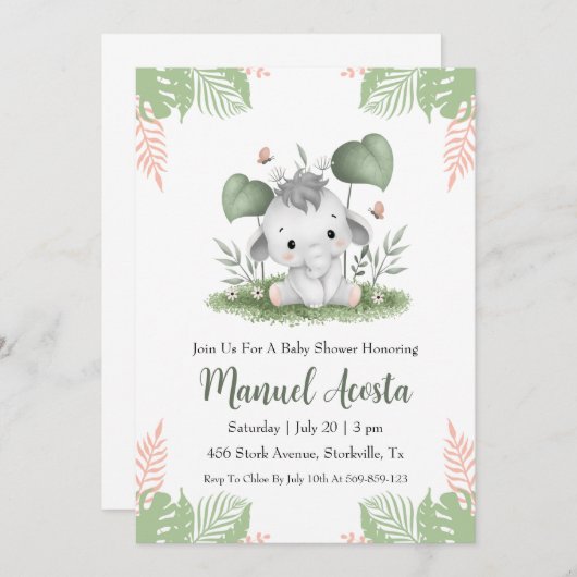 ジャングルモダン象ベビーシャワー招待状 招待状 (正面/裏面)