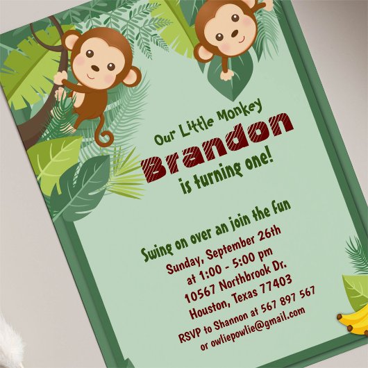 ジャングルモンキーサファリアニマル子供の誕生日 招待状