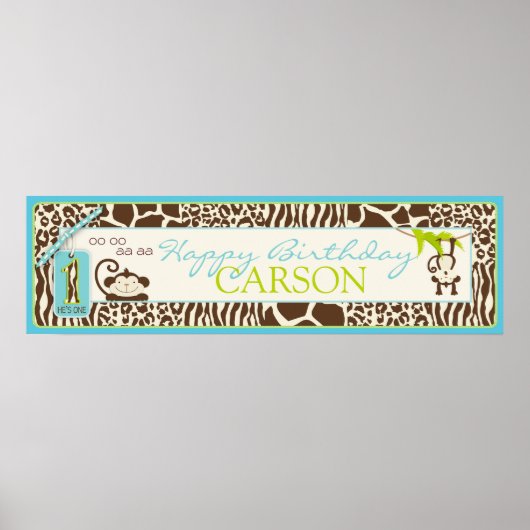 ジャングルモンキーサファリファースト誕生日バナーブルー ポスター (正面)