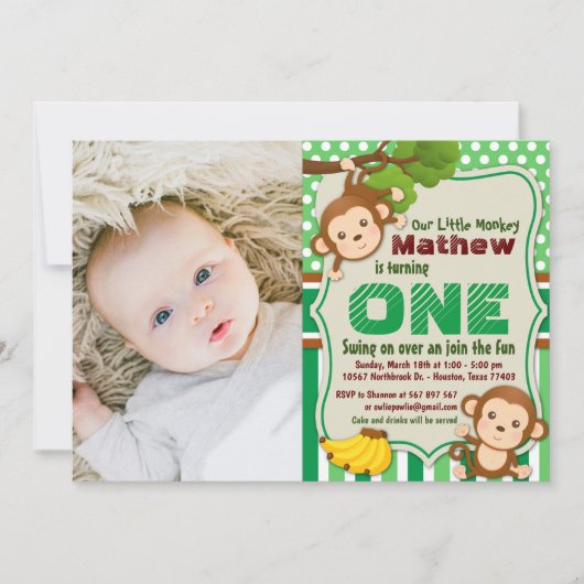 ジャングルモンキーサファリボーイファースト誕生日写真 招待状 (正面)