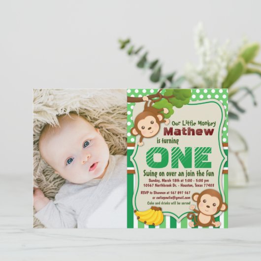 ジャングルモンキーサファリボーイファースト誕生日写真 招待状 (スタンド正面)