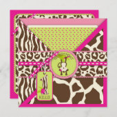 ジャングルモンキーファースト誕生日招待状ピンク 招待状 (正面/裏面)