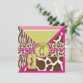 ジャングルモンキーファースト誕生日招待状ピンク 招待状 (スタンド正面)