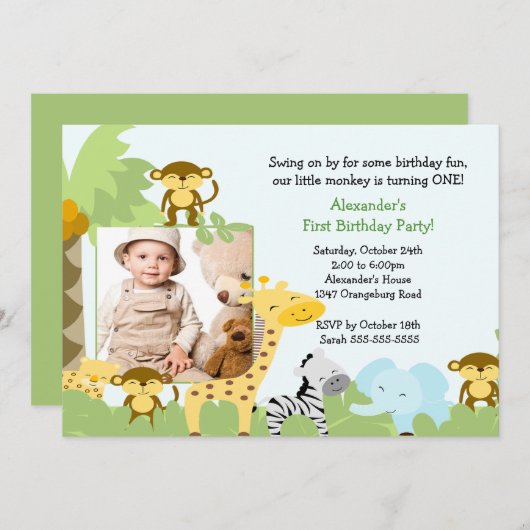 ジャングルモンキーフォト誕生日招待状 招待状 (正面/裏面)