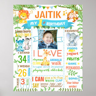 ジャングルモンキー動物園の最初の誕生日の黒板看板 ポスター