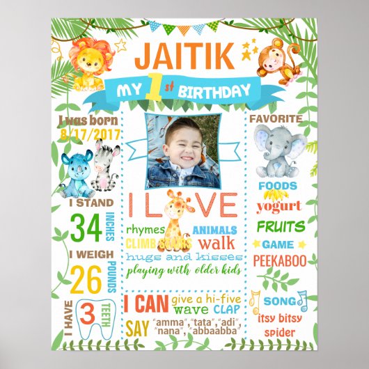 ジャングルモンキー動物園の最初の誕生日の黒板看板 ポスター (正面)