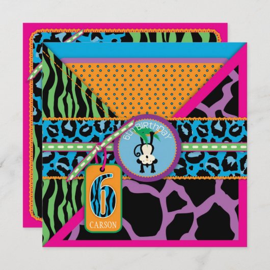 ジャングルモンキー6番目の誕生日招待状ワイルド 招待状 (正面/裏面)