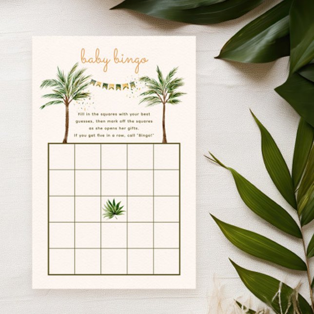ジャングルヤシの赤ちゃんビンゴゲーム ベビーシャワー (baby bingo card for a tropical baby shower party. Green and brown, gender neutral colors)