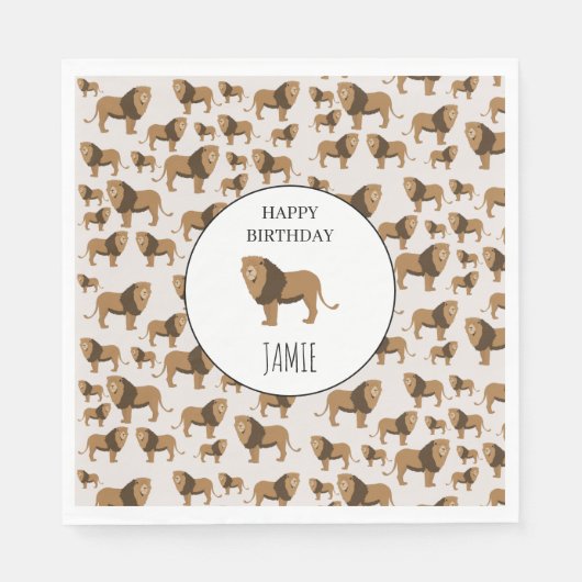 ジャングルライオパーソナライズされたンアニマルパターン誕生日 スタンダードランチョンナプキン (正面)