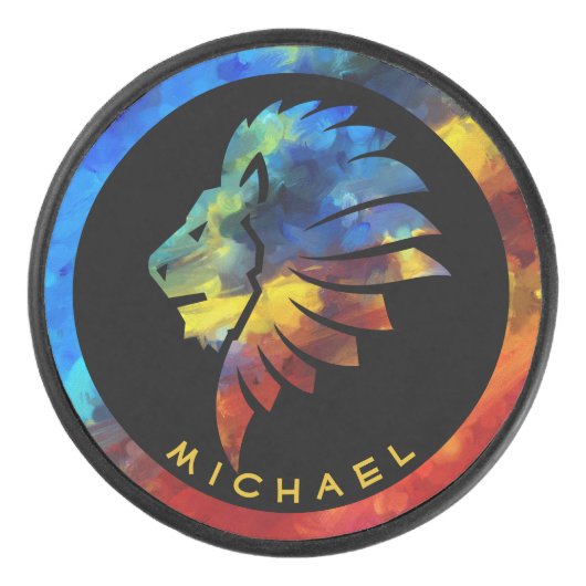 ジャングルライオンの水色の名前モノグラムのキング アイスホッケーパック (正面)