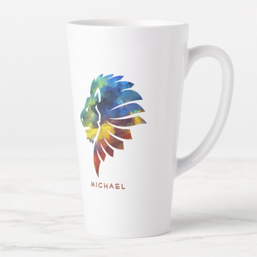 ジャングルライオンの水色の名前モノグラムのキング カフェラテマグ (右)