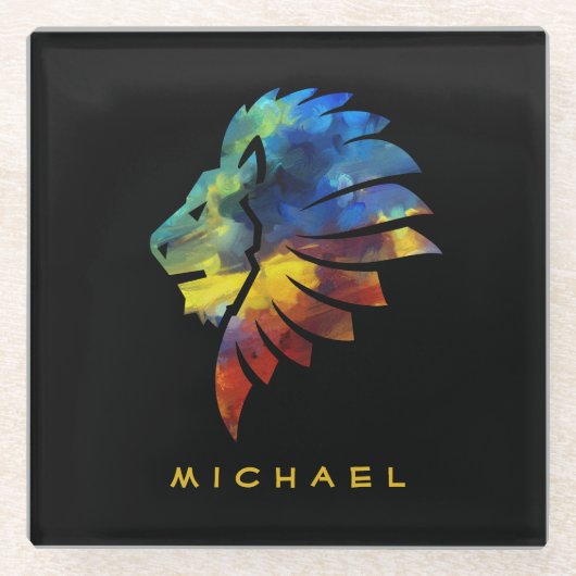 ジャングルライオンの水色の名前モノグラムのキング ガラスコースター (正面)