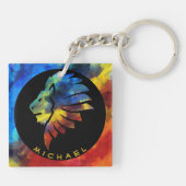 ジャングルライオンの水色の名前モノグラムのキング キーホルダー (裏面)