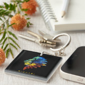 ジャングルライオンの水色の名前モノグラムのキング キーホルダー (正面右)