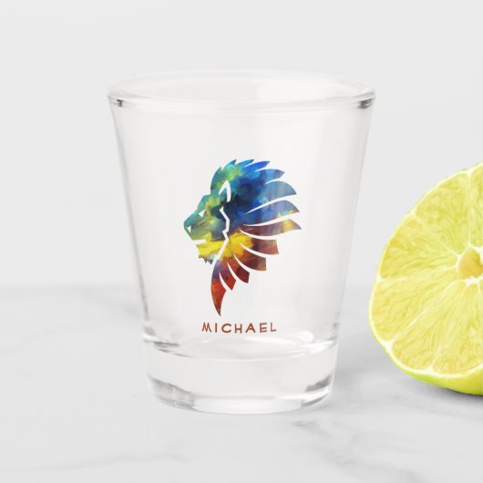ジャングルライオンの水色の名前モノグラムのキング ショットグラス (正面)