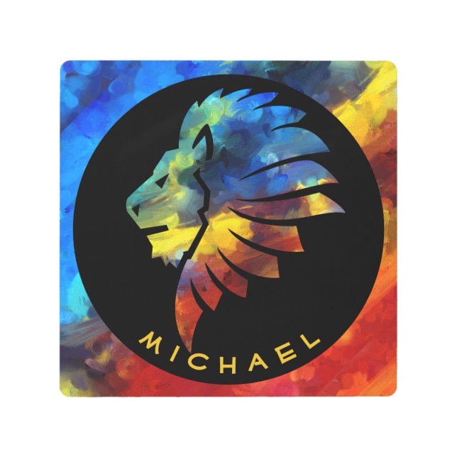 ジャングルライオンの水色の名前モノグラムのキング メタルプリント (正面)