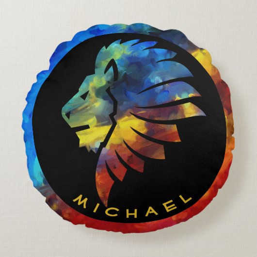 ジャングルライオンの水色の名前モノグラムのキング ラウンドクッション (正面)