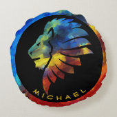 ジャングルライオンの水色の名前モノグラムのキング ラウンドクッション (裏面)