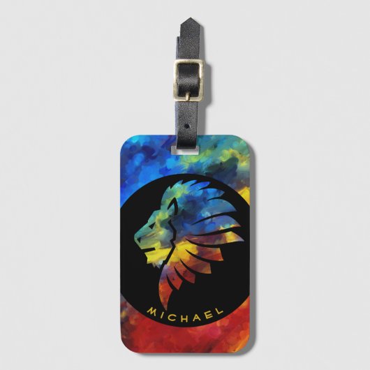 ジャングルライオンの水色の名前モノグラムのキング ラゲッジタグ (正面縦)