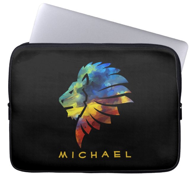 ジャングルライオンの水色の名前モノグラムのキング ラップトップスリーブ (正面)