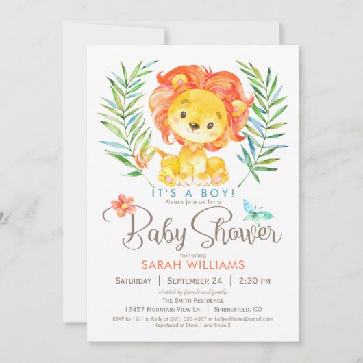 ジャングルライオン赤ちゃんシャワー、男の子または女の子 招待状 (正面)