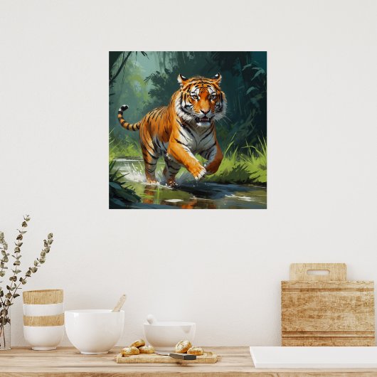 ジャングルランニングの美しいトラ絵画ギ ポスター (キッチン)