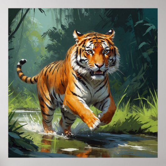ジャングルランニングの美しいトラ絵画ギ ポスター (正面)