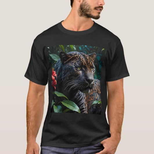 ジャングルレッド花のメラニズムのジャガー Tシャツ (正面)