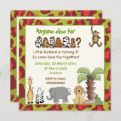 ジャングルレッド、グリーンサファリ子供の誕生日パーティー 招待状 (正面/裏面)