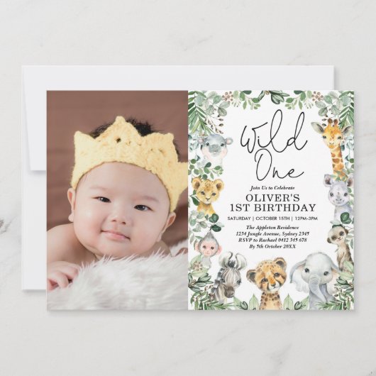 ジャングルワイルドワングリーンリーサファリ1歳の誕生日の写真 招待状 (正面)