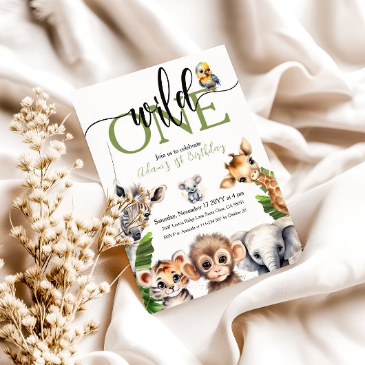 ジャングルワイルドワンサファリアニマルファースト誕生日パーティー 招待状