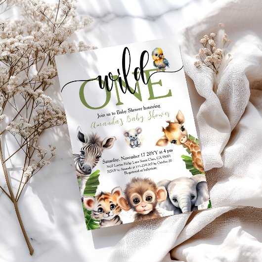 ジャングルワイルドワンサファリ動物の赤ちゃんシャワー 招待状
