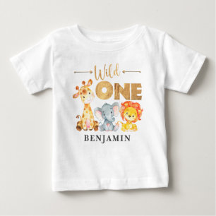 ジャングルワイルドワン1歳の誕生日のベビーアニマル ベビーTシャツ