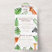 ジャングルワイルドワン1歳の誕生日ボーイサファリ動物 オールインワン招待状 (内側)
