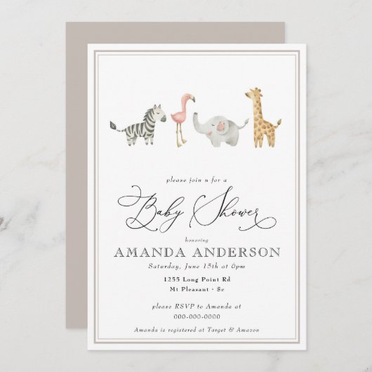 ジャングル動物かわいい赤男女兼用ちゃんシャワー 招待状 (正面/裏面)