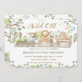 ジャングル動物が緑の野生のワン誕生日 招待状 (正面/裏面)
