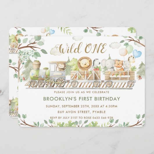 ジャングル動物が緑の野生のワン誕生日 招待状 (正面/裏面)