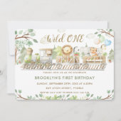 ジャングル動物が緑の野生のワン誕生日 招待状 (正面)