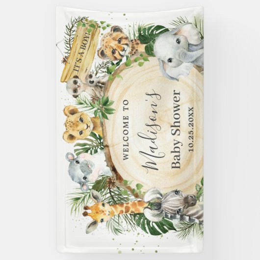 ジャングル動物たち緑の赤ちゃんが背景 横断幕 (縦)