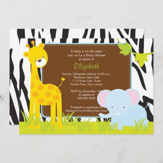 ジャングル動物のサファリのベビーシャワーの招待状 招待状 (正面/裏面)