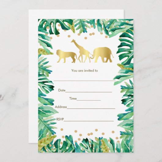 ジャングル動物のサファリの招待状は金ゴールドを記入します 招待状 (正面/裏面)