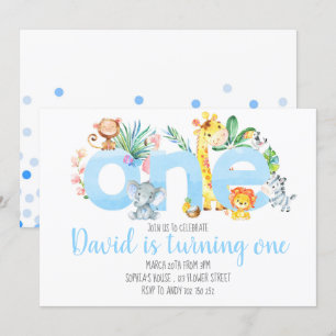 ジャングル動物のサファリ·ボーイ·ブルーが1歳目の誕生日 招待状