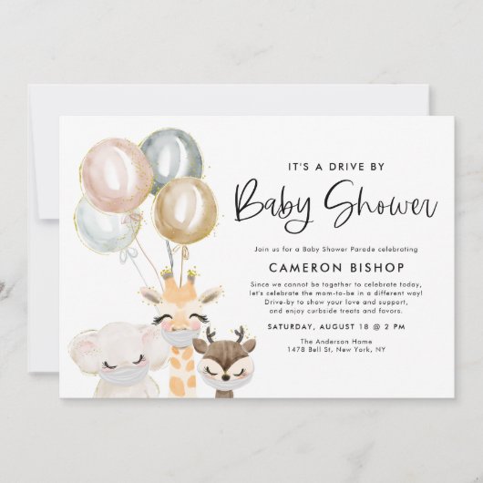 ジャングル動物のベビーシャワーによる検疫車 招待状 (正面)