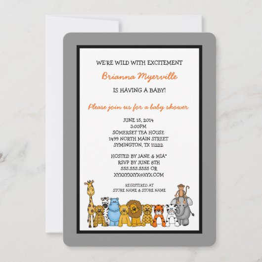 ジャングル動物のベビーシャワーは中立性を誘います 招待状 (正面)